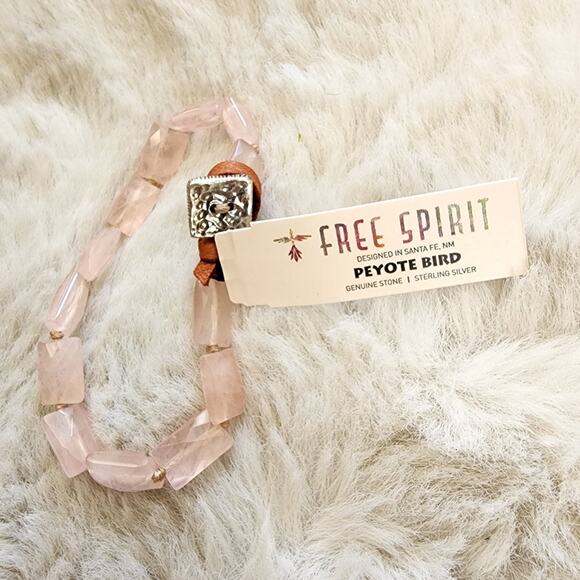Peyote Bird Chunky Rose Quartz Pink Stone Leather Sterling Bracelet NEW - Picture 2 of 11